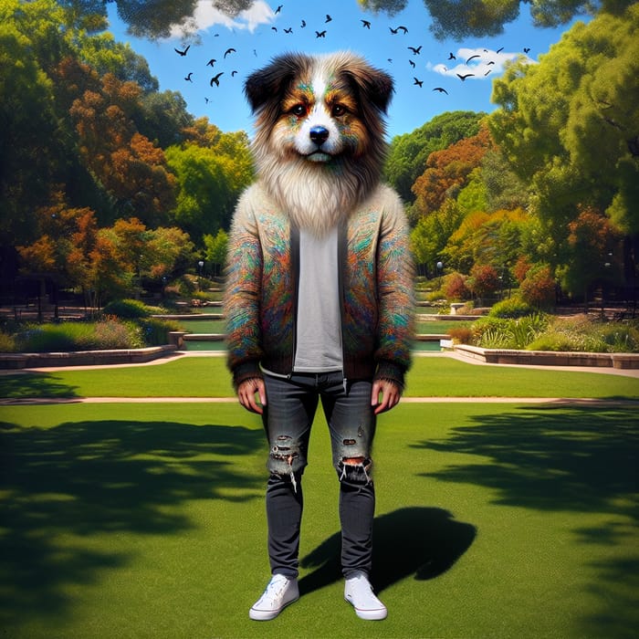 Furry Humanoid in Lush Park - Dog-Inspired Colorful Design