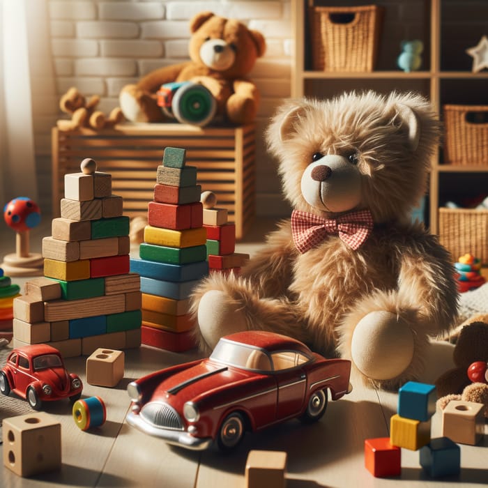 Fun Kids Toys Scene with Stuffed Animals and Blocks