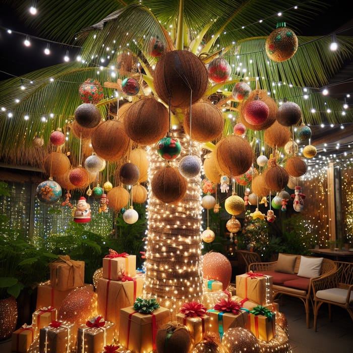 Coconut Tree Decorated with Twinkling Lights and Christmas Ornaments