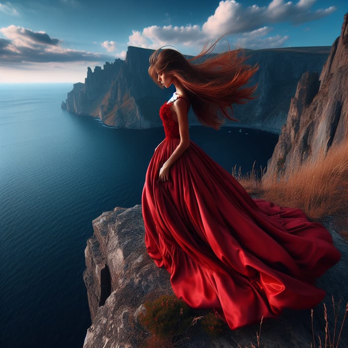 Photo-Realistic Girl in Crimson Dress on Cliff Above Water