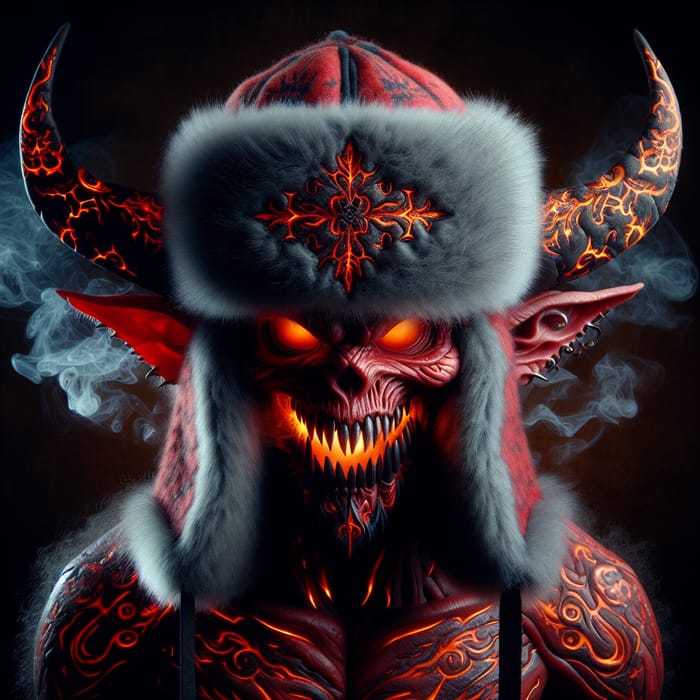 Fiery Demon in Ushanka Hat - Mystical Creature