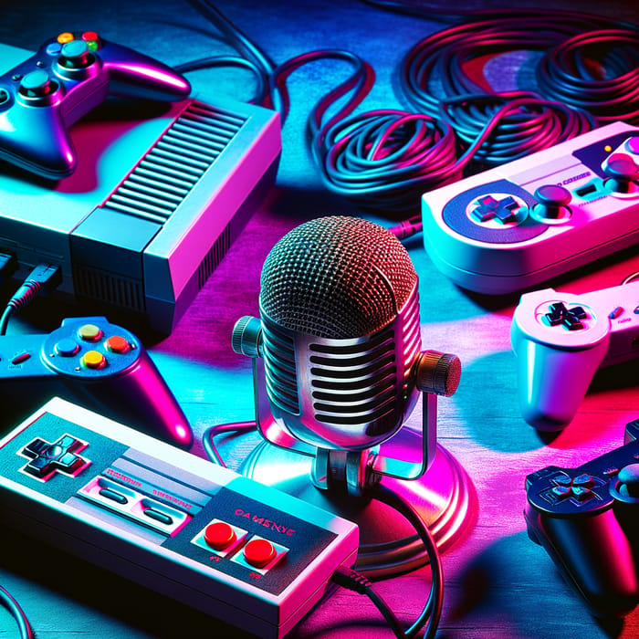 Retro Gaming Podcast with Vintage Microphone & Consoles