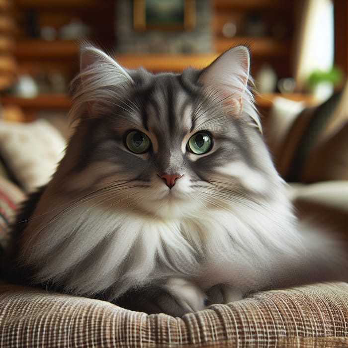 Silky Grey Cat Resting on Plush Cushion