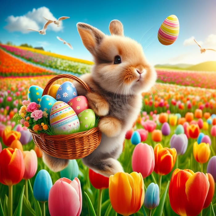 Bunny Bringing Easter Joy: Field of Multicolored Tulips