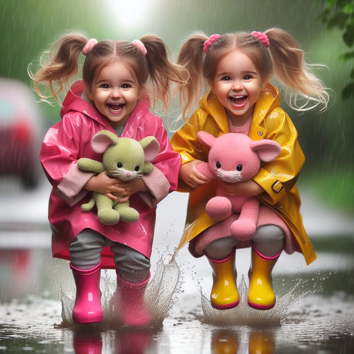 Two Caucasian 3-Year-Old Girls Jumping in Puddle with Pink Mouse Plush