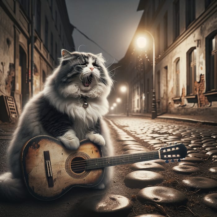 Crying Cat Playing Guitar in Urban Landscape