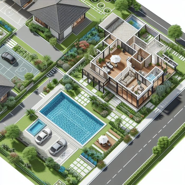 Modern 300 sqm House Plan with Garden, Pool, Basketball Court & Parking - Exclusive Design
