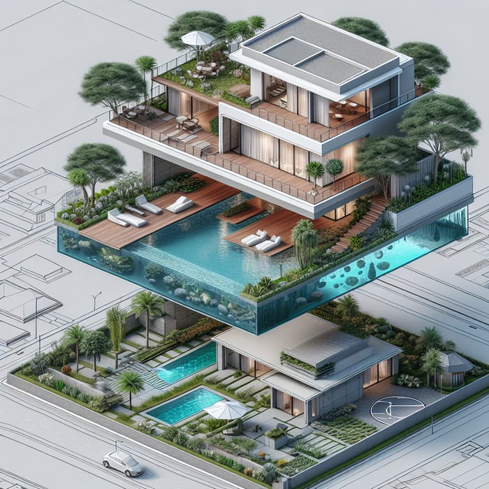 Modern 300 sqm Levitated House Plan with Garden, Pool, Basketball Court and Water Elements