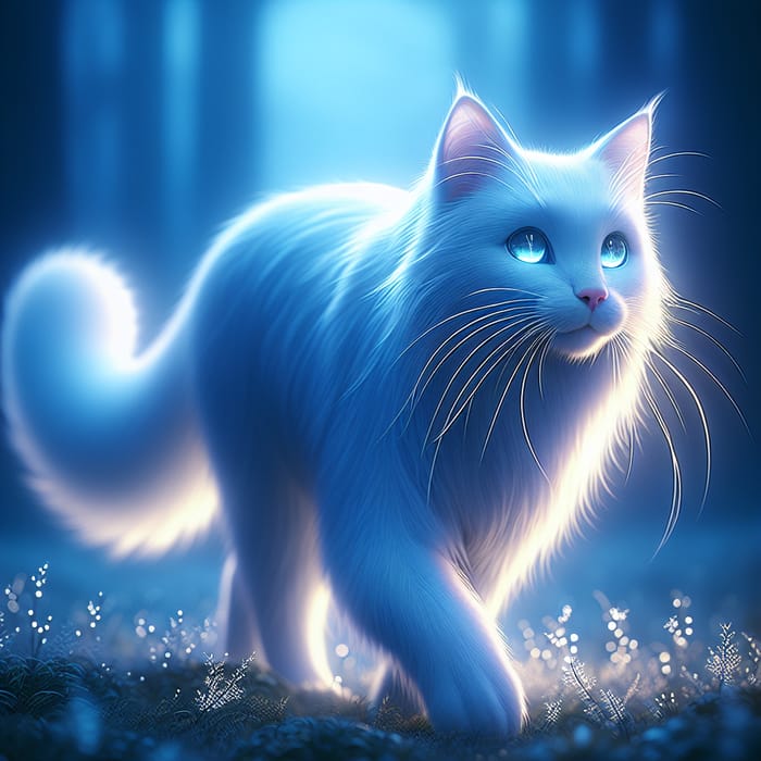 Sleek White Cat in Twilight: Radiant Fur, Piercing Blue Eyes