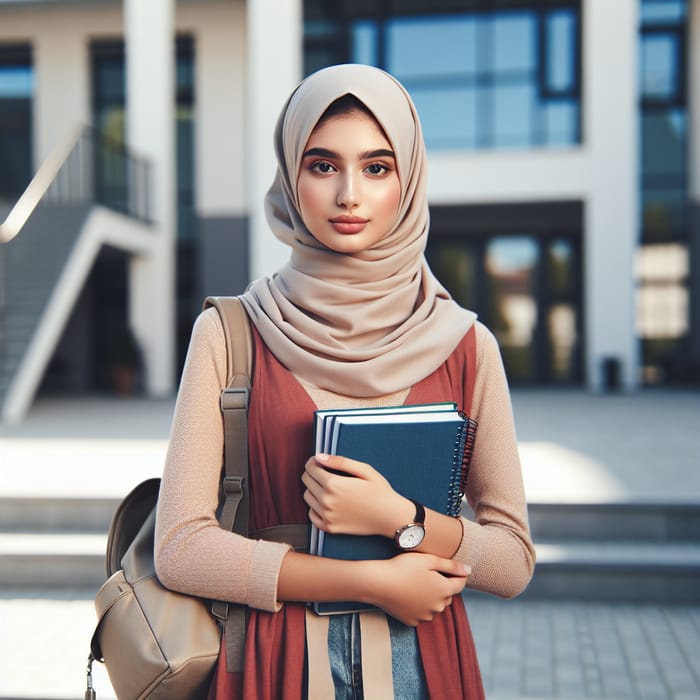 High School Hijab Student with Books and Backpack