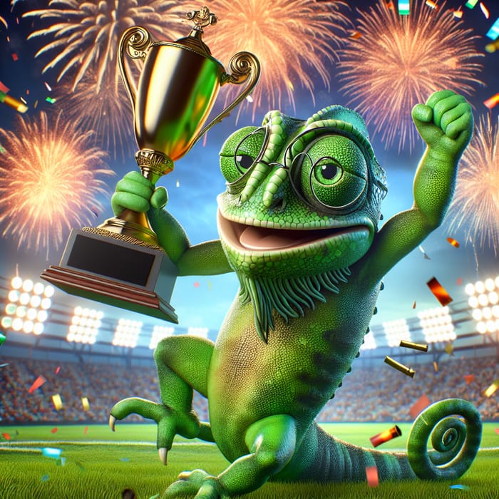Grandiose Green Chameleon Celebrates Victory with Trophy and Fireworks