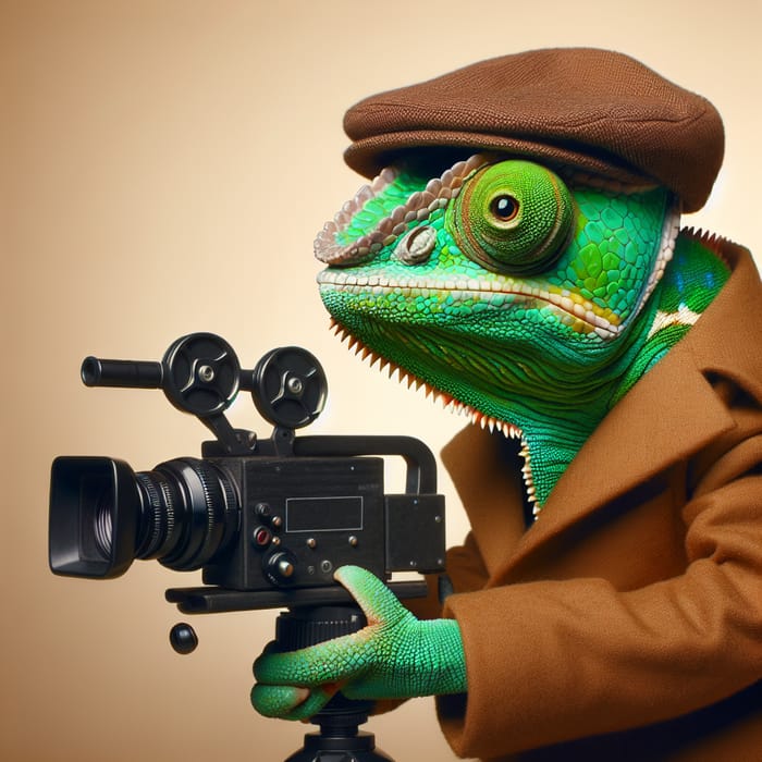 Green Chameleon in Director's Outfit with Movie Camera in Brown Jacket