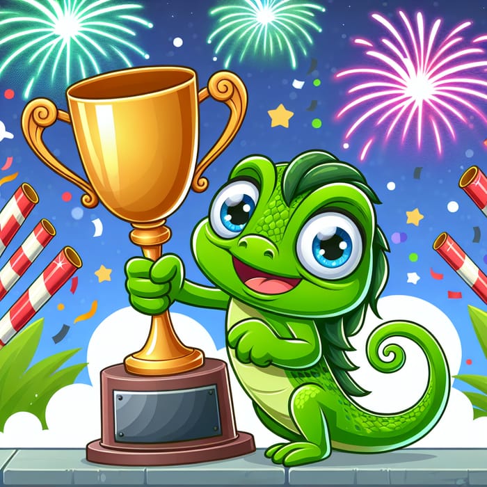 Green Cartoon Chameleon Celebrates Victory with Trophy and Fireworks