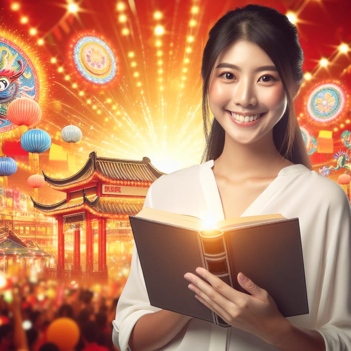 Trustworthy Asian Woman Holding Book - Festive & Happy Atmosphere