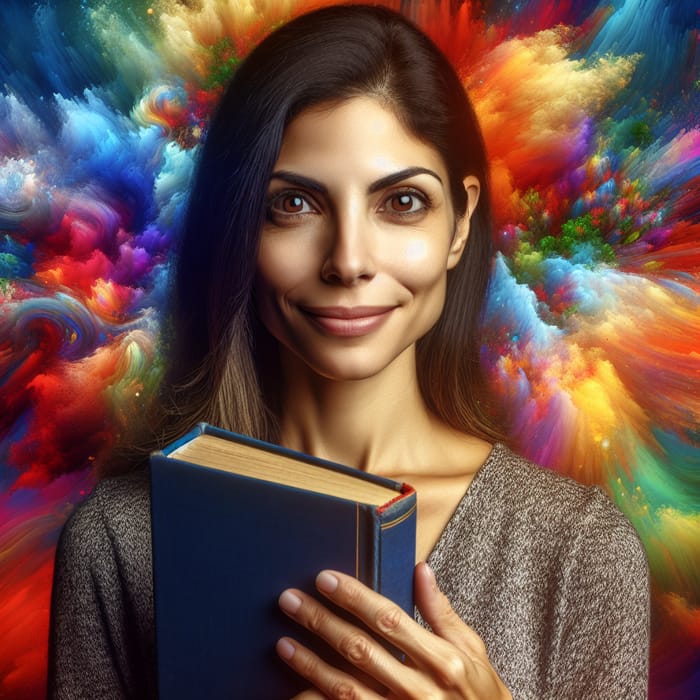Trustworthy Woman Holding Book with Festive and Joyful Background
