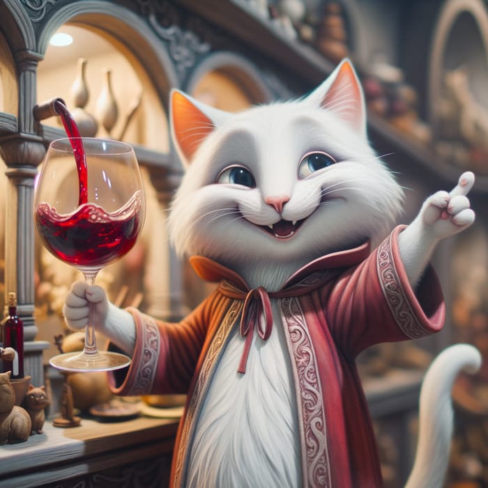 Charming White Cat with Red Wine Glass | Magical Fantasy Art