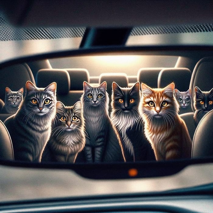 Group of Colorful Cats in Car Mirror | Furry Feline Gathering