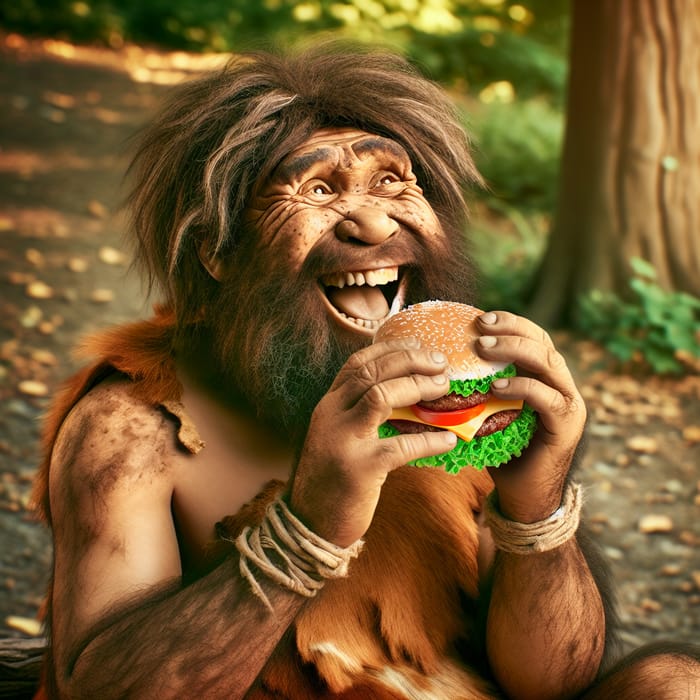 Neanderthal eating a burger in the wild