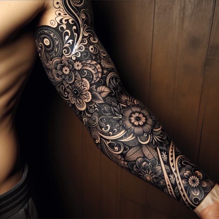 Intricate Black Tattoo Design with Flowers and Animals