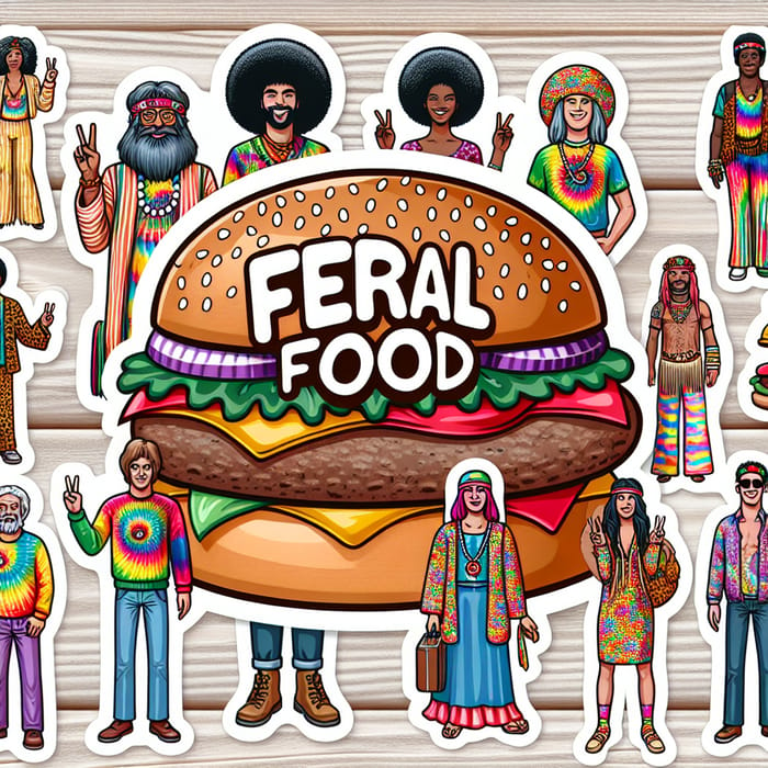Feral Food Sticker: Psychedelic Hamburger with Diverse Hippie People