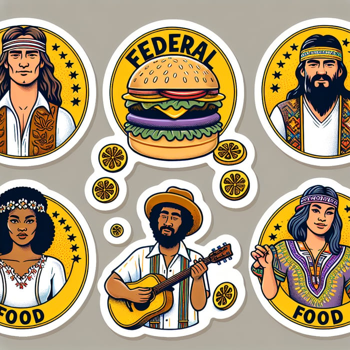 Hippie Style Burger Stickers with Federal Food Theme