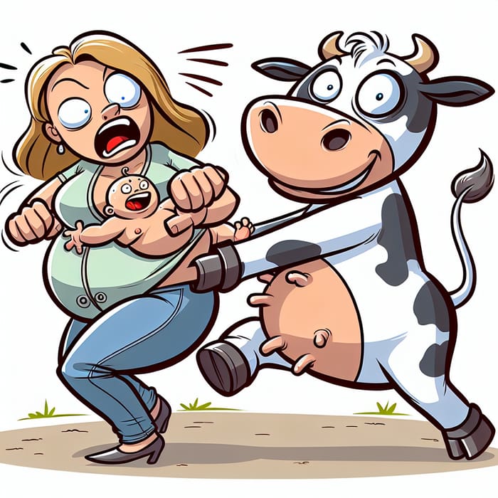 Funny Cartoon Cow Snatches Baby in Rustic Setting