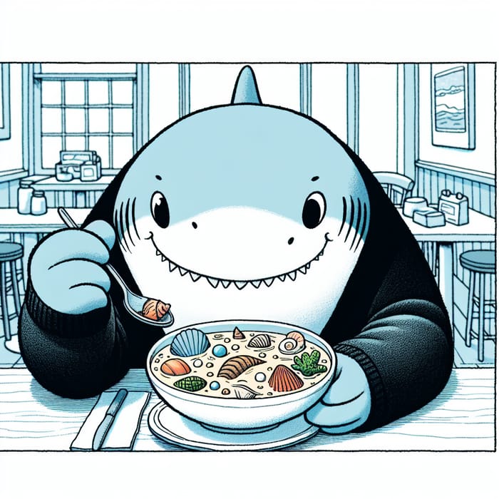 Cartoon Shark Enjoying Soup with a Human Hand: A Delightful Scene