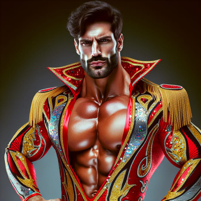 Intimidating Muscular Wrestler in Red and Gold Outfit