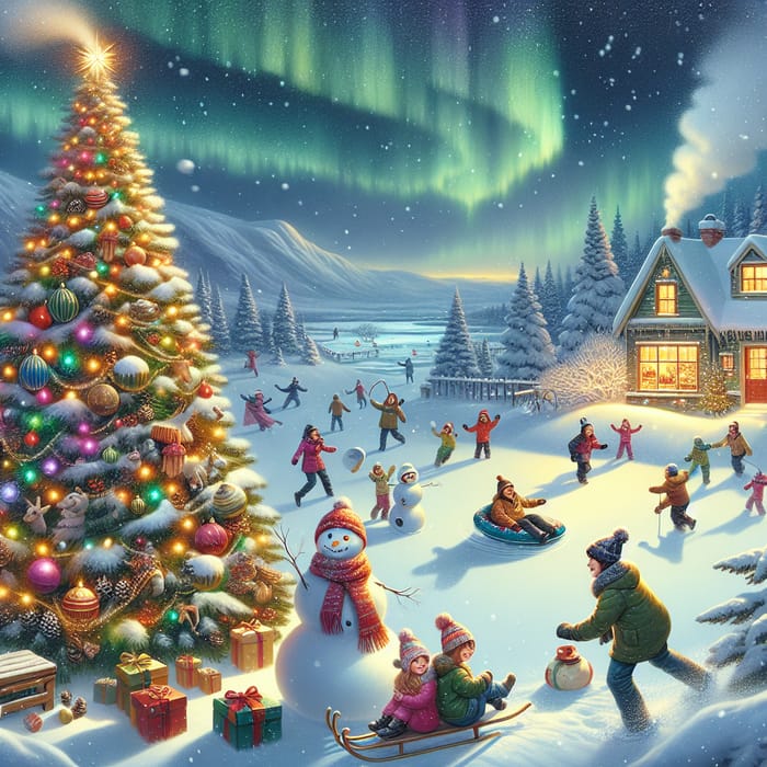 Cozy Christmas Illustration with Snow and Lights
