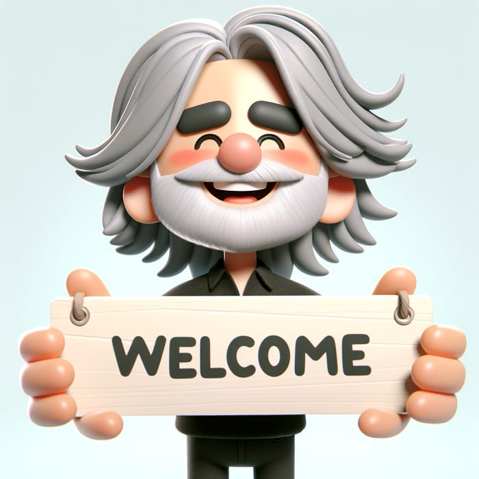 Whimsical 3D Animation: Joyous 40-Year-Old Man with Silver Hair Holding Welcome Sign