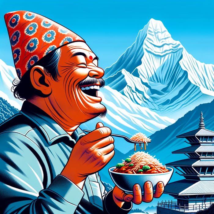 Smiling Nepali Man enjoying local Nepali cuisine with Himalayan backdrop