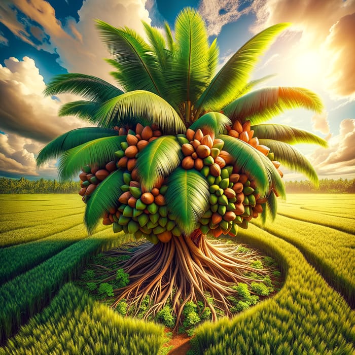 Green Coconut Plant in Tropical Field - Detailed Image
