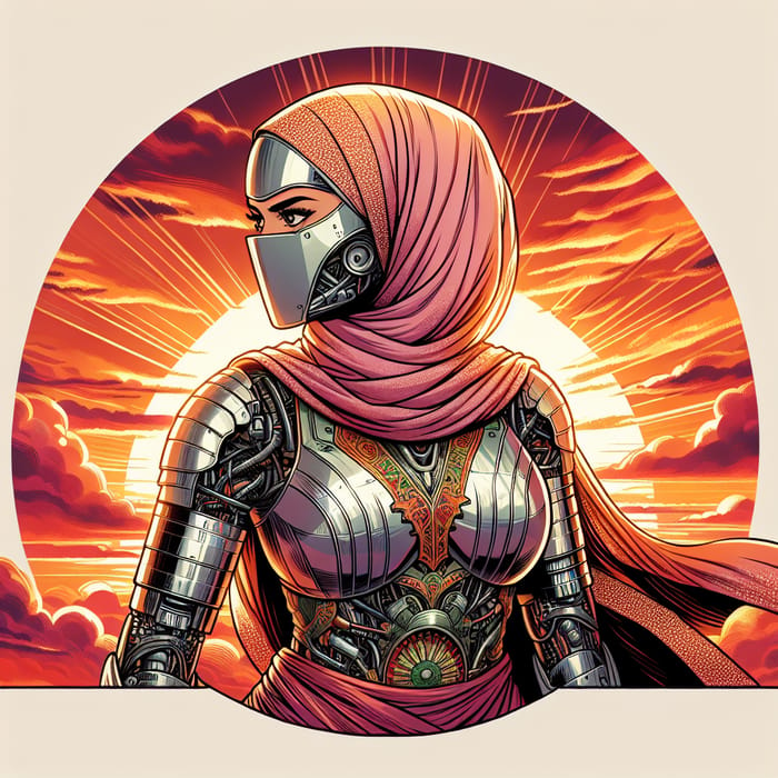 Beautiful South Asian Woman in Hijab Armor at Sunset | Anime Art Style
