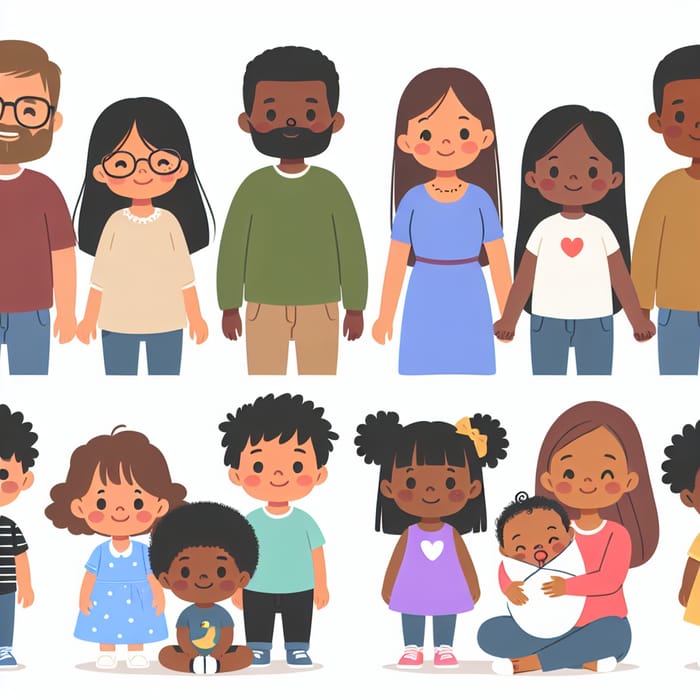 Diverse Family Illustration: Adult Male, Female, Children in Various Ethnicities