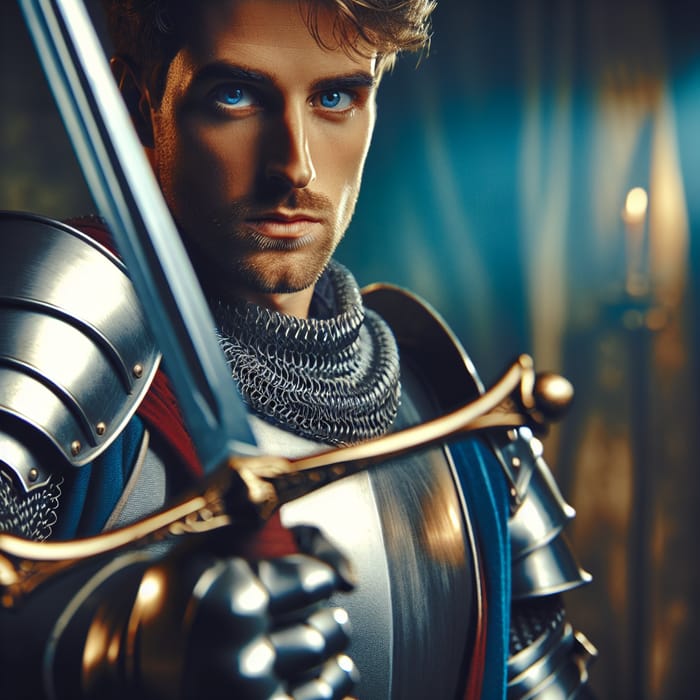 Medieval Knight with Striking Blue Eyes in Fantasy Battle Scene