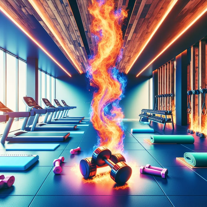 Surreal Gym Scene with Flaming Dumbbells