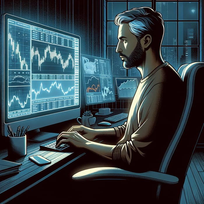 Man Sitting in Chair Trading Forex in Dim Room