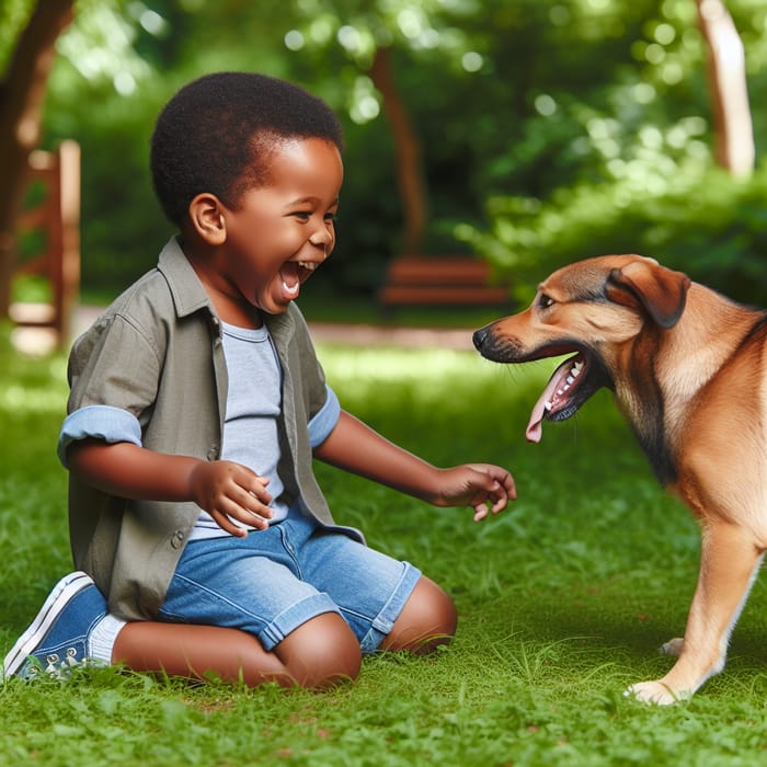 Playful Moment: Black Kid with Big Stomach and Dog in Park