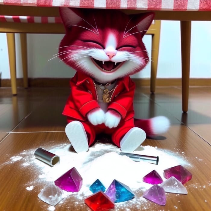 Cocaine Cat: Red Feline in Casual Outfit laughs under Table with Drugs and Bank Cards