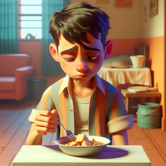Sad 15-Year-Old Boy Eating Alone - Disney Pixar Style
