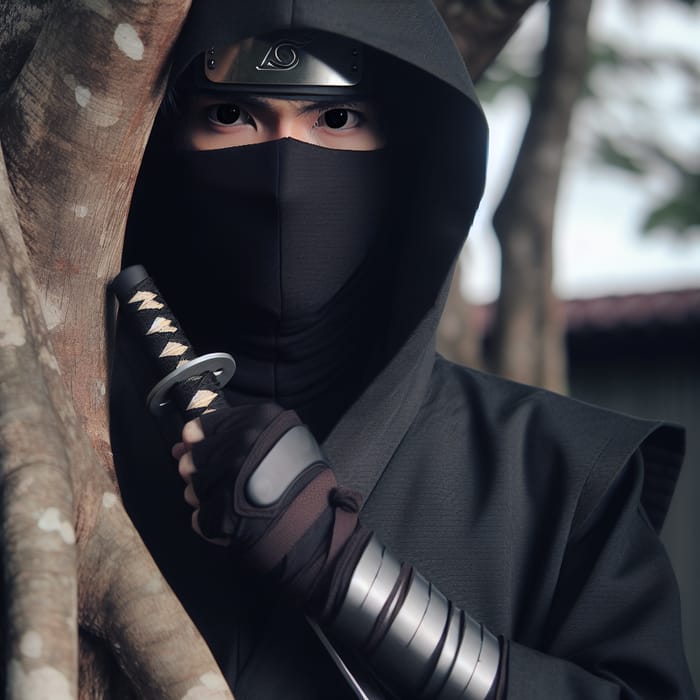 Mysterious Ninja with Obito Uchiha Eyes Holds Kunai by Tree