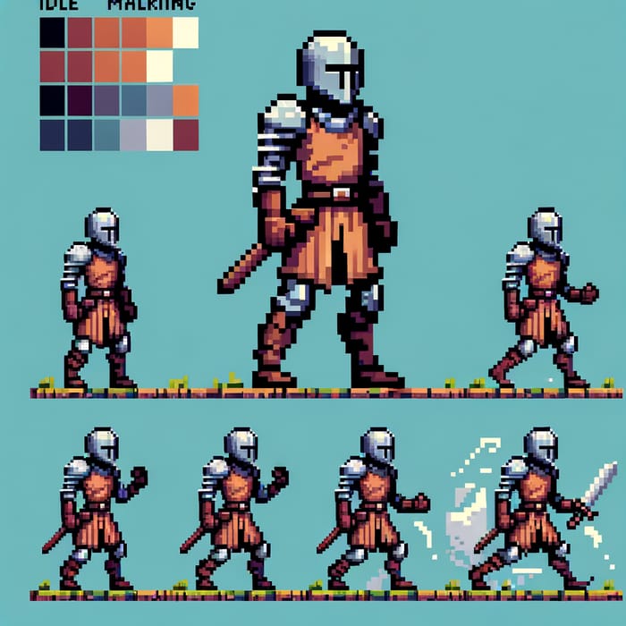 Pixel-Art Medieval Warrior Character Poses with Clear Separation