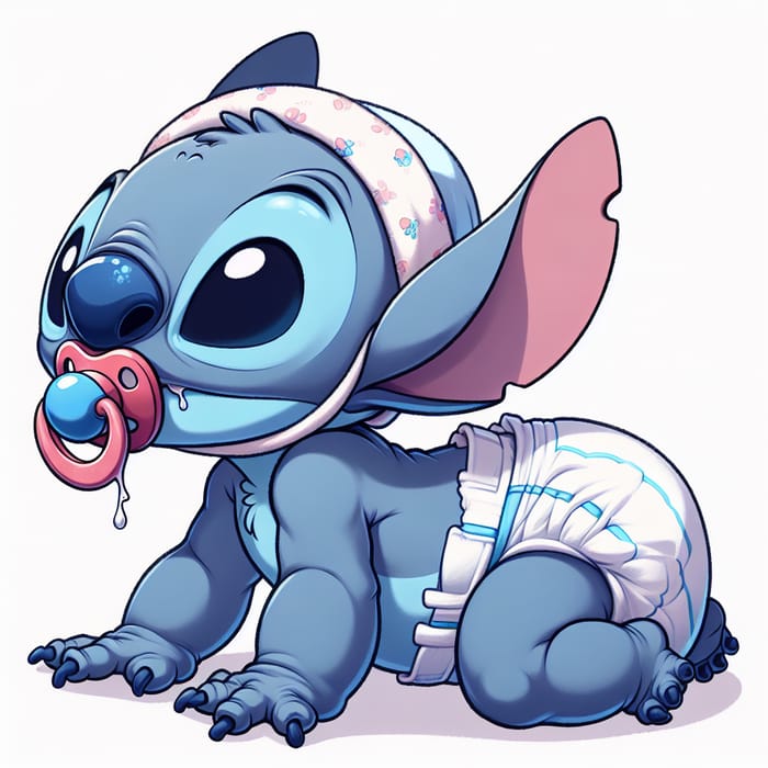 Baby Stitch Experiment 626 in Diapers and Pacifier, Newborn Baby Cap, Crawling at 1 Month