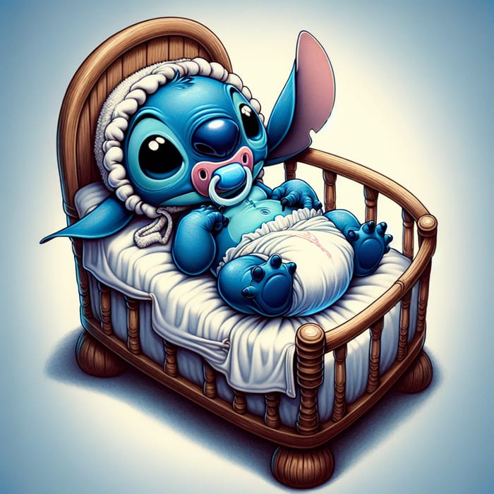 Cute Stitch Experiment 626 in Diapers and Pacifier as Newborn Baby Sleeping in Crib