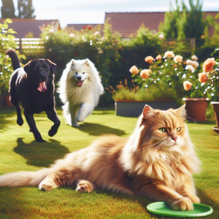 Ginger Cat and Dogs Enjoying Tranquil Outdoor Scene