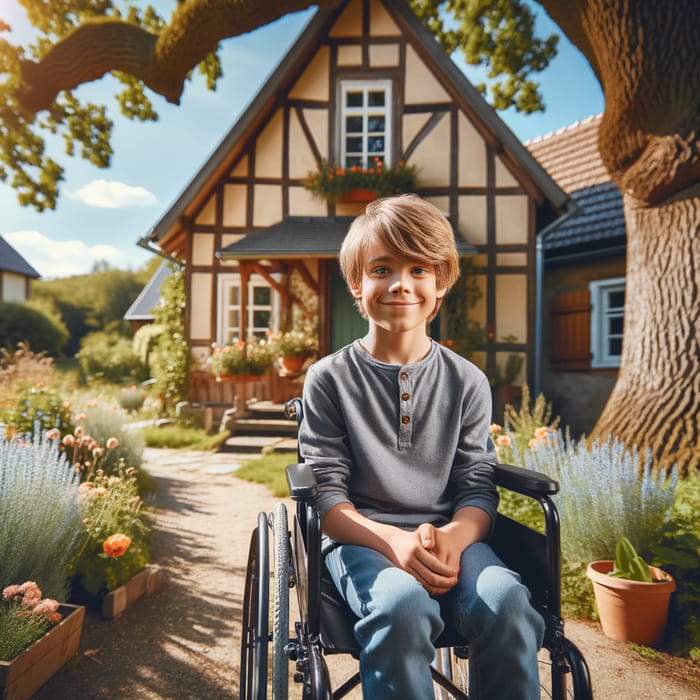 Young Boy Michael Smiling in Wheelchair at Cozy Cottage