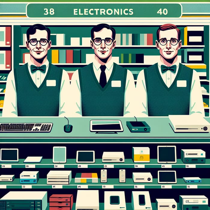 Electronics Store with Three Glasses-Wearing Clerks & Green Theme