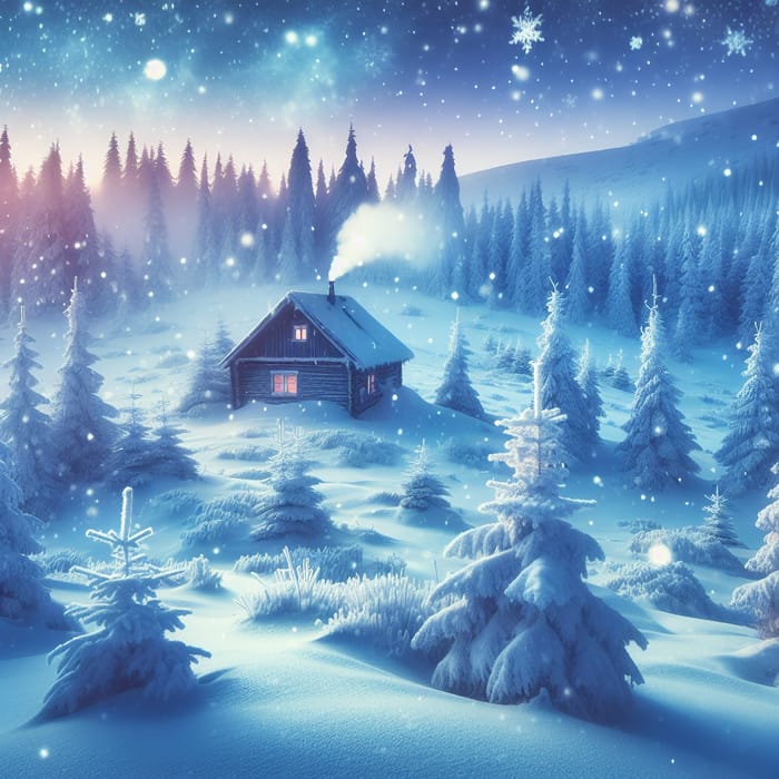 Serene Winter Scene with Charming Cabin - Snowy Bliss