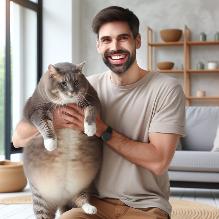 Happy Man Embracing His Overweight Cat | Joyful Indoor Scene