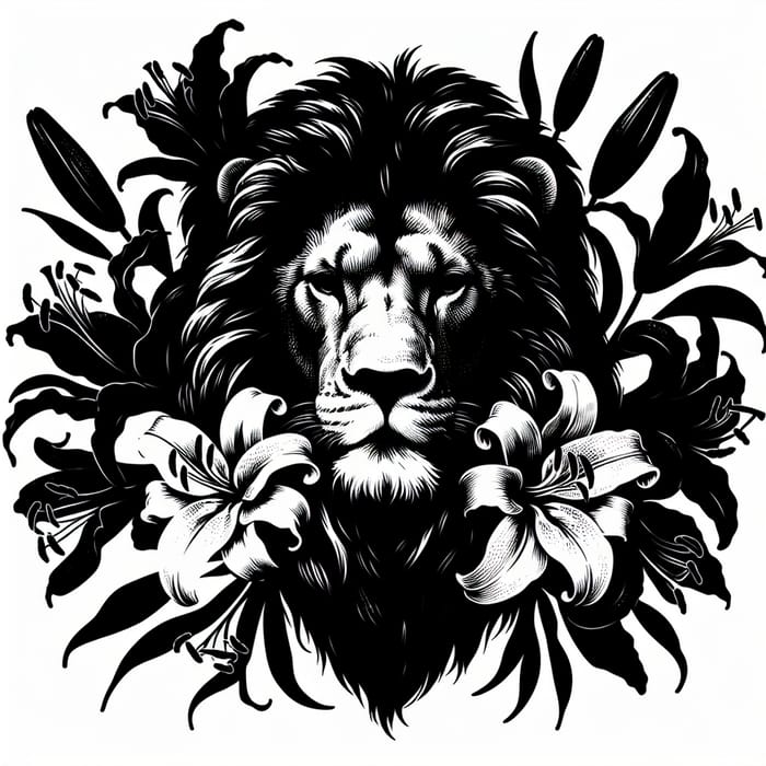 Lion Silhouette on White with Lily Flowers
